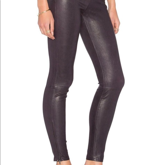 J Brand Super Skinny Stretch Leather Zip Leggings Pants Black Plum Size 28 - Picture 1 of 7
